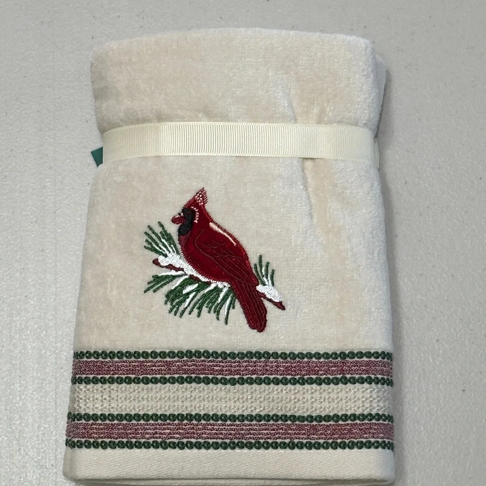 St. Nicholas Square Cream and Red Hand Towels - Cardinal Design